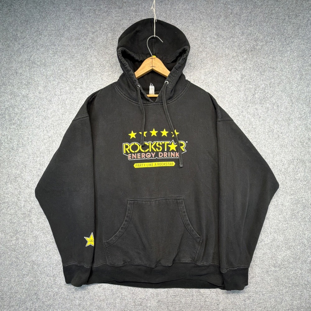 Vintage Y2K Rockstar Energy Drink Hoodie Sweatshirt Men's XL Pullover Black